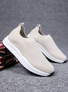 Men Knit Detail Slip On Running Shoes - Beige - View 1