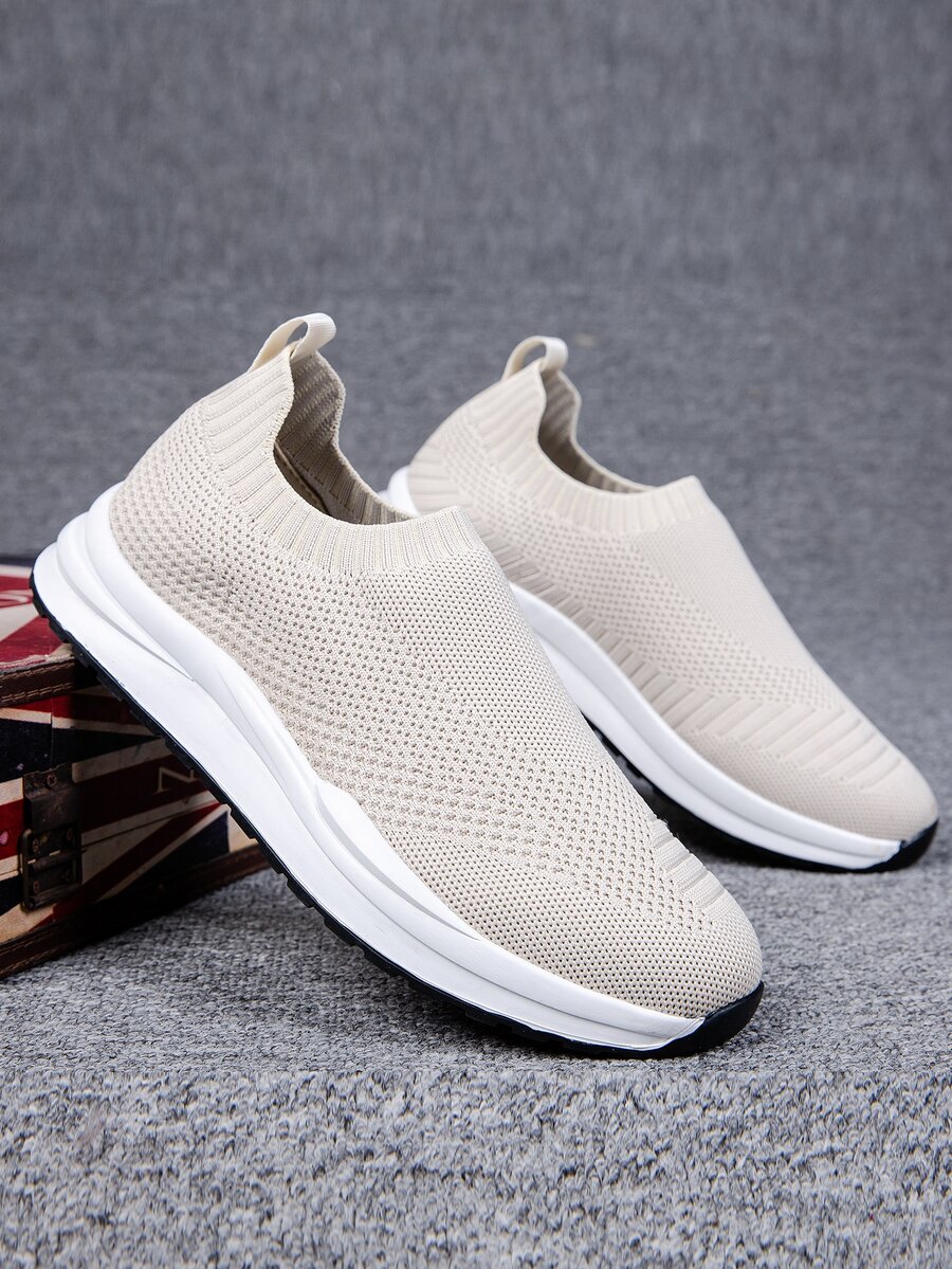 Men Knit Detail Slip On Running Shoes - Beige - View 1