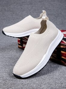 Men Knit Detail Slip On Running Shoes - Beige - View 2