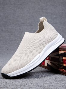 Men Knit Detail Slip On Running Shoes - Beige - View 5