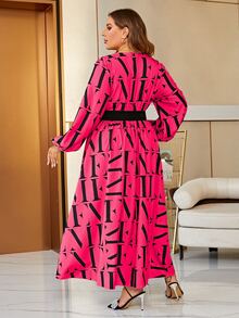Glamaker 大碼字母圖案燈籠袖繫腰帶連衣裙 - 玫紅色 - 查看 2
