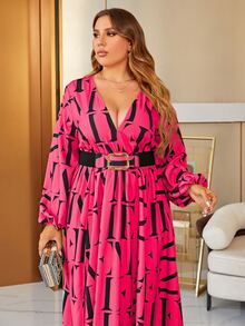 Glamaker 大碼字母圖案燈籠袖繫腰帶連衣裙 - 玫紅色 - 查看 5