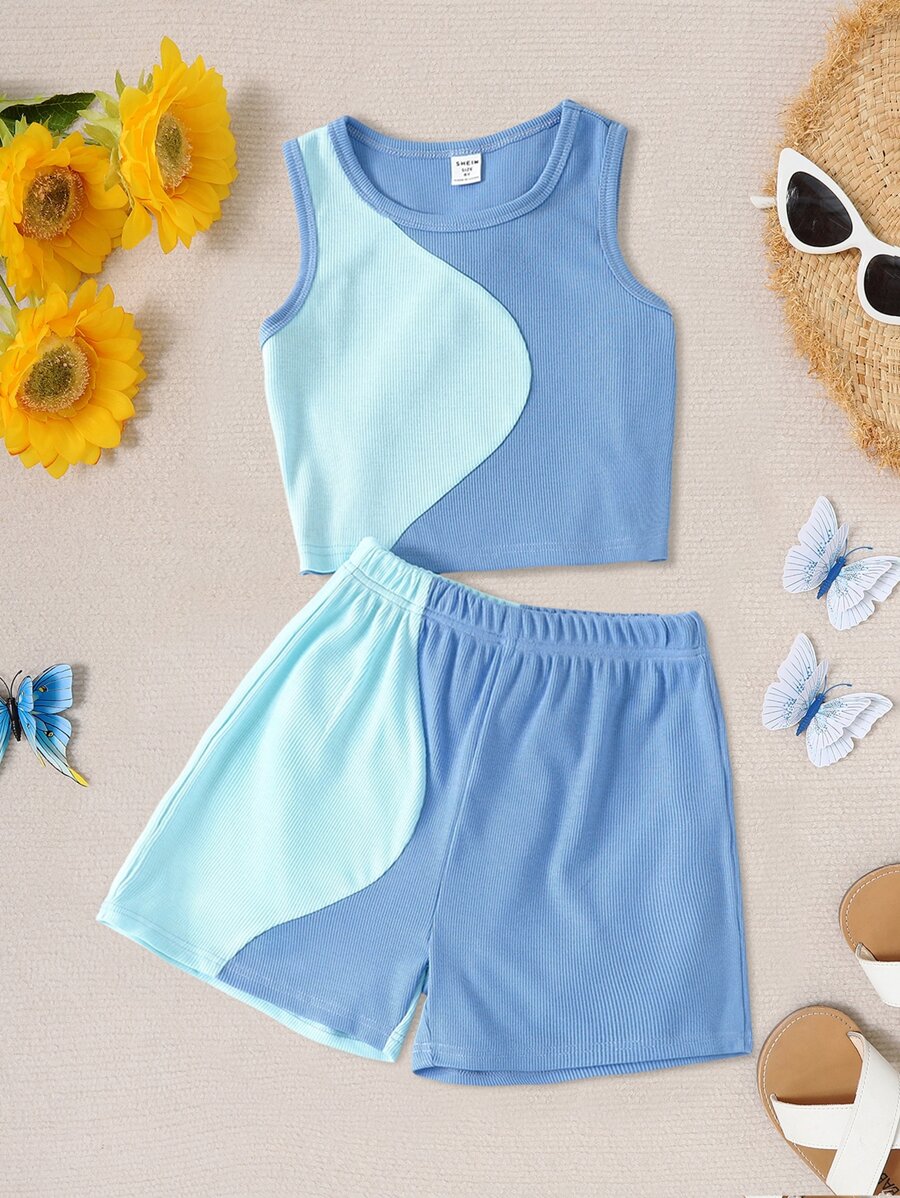 Conjunto De Dos Piezas Para Niñas Tween: Camiseta Sin Mangas De Dos Tonos Y Shorts - Azul - Ver 1