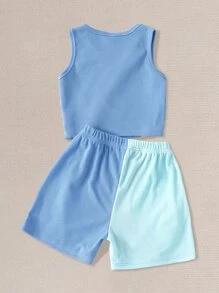 Conjunto De Dos Piezas Para Niñas Tween: Camiseta Sin Mangas De Dos Tonos Y Shorts - Azul - Ver 2