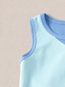 Conjunto De Dos Piezas Para Niñas Tween: Camiseta Sin Mangas De Dos Tonos Y Shorts - Azul - Ver 3