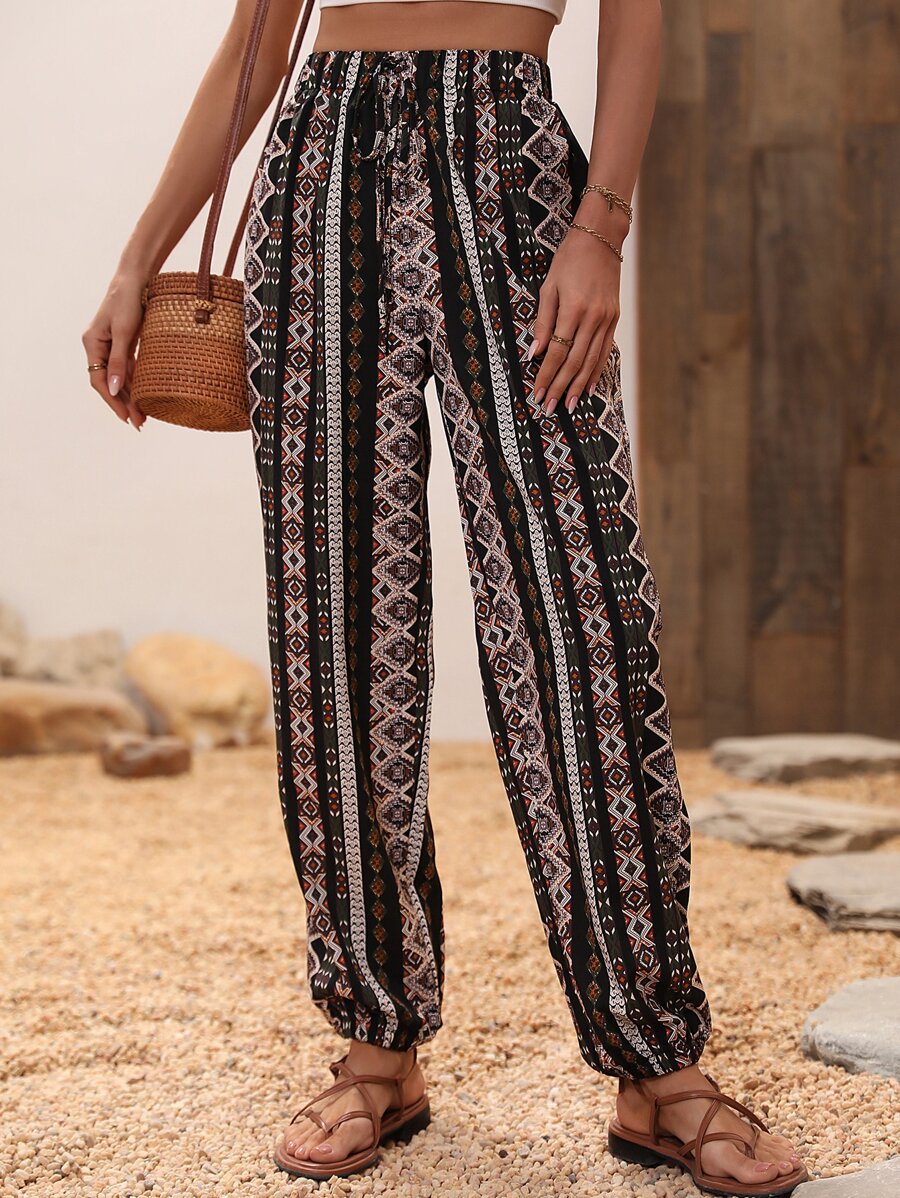 Breezaya Allover Print Tie Front Trousers - Black - View 1