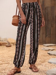 Breezaya Allover Print Tie Front Trousers - Black - View 4