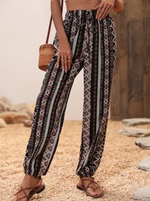Breezaya Allover Print Tie Front Trousers - Black - View 5