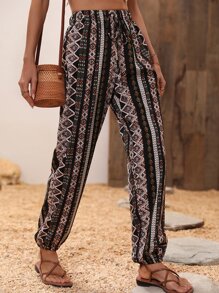 Breezaya Allover Print Tie Front Trousers - Black - View 6
