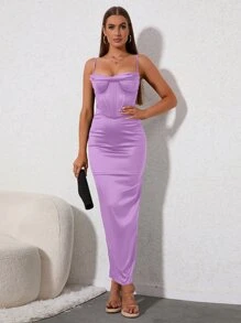 PARTHEA Boning Underwire Draped Collar Split Backless Satin Cami Dress - Purple - View 1
