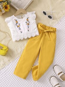 SHEIN Vintaside Kids Young Girl Sweet Flower Print Comfortable Round Neck 2pcs Set For Summer