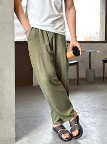 Manfinity VCAY Hombres Pantalones de cintura con cordón con bolsillo oblicuo - Verde militar - Ver 3