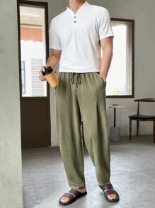 Manfinity VCAY Hombres Pantalones de cintura con cordón con bolsillo oblicuo - Verde militar - Ver 6