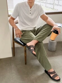 Manfinity VCAY Hombres Pantalones de cintura con cordón con bolsillo oblicuo - Verde militar - Ver 7