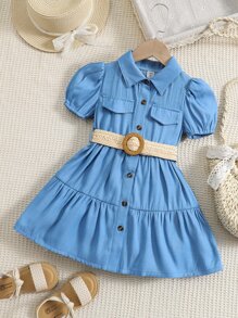 Toddler Girls Puff Sleeve Ruffle Hem Belted Dress - Blue - View 1