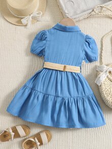 Toddler Girls Puff Sleeve Ruffle Hem Belted Dress - Blue - View 2