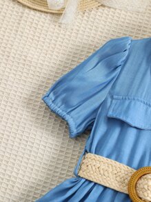 Toddler Girls Puff Sleeve Ruffle Hem Belted Dress - Blue - View 4