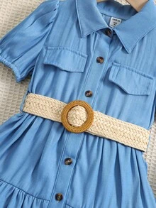 Toddler Girls Puff Sleeve Ruffle Hem Belted Dress - Blue - View 5