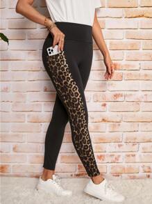 SHEIN LUNE Leopard Print Tummy Control Leggings With Phone Pocket - Black - View 1
