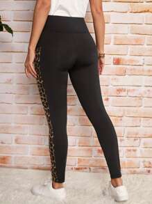 SHEIN LUNE Leopard Print Tummy Control Leggings With Phone Pocket - Black - View 2