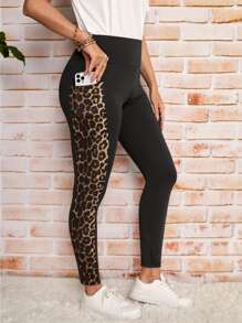 SHEIN LUNE Leopard Print Tummy Control Leggings With Phone Pocket - Black - View 3