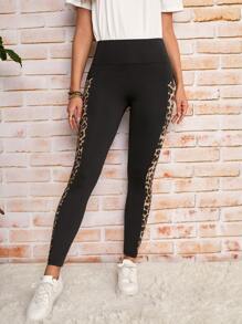 SHEIN LUNE Leopard Print Tummy Control Leggings With Phone Pocket - Black - View 4