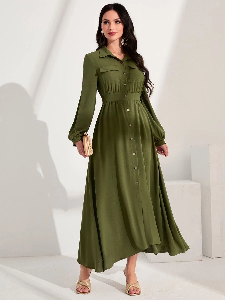 Mulvari Flap Detail Button Front Shirt Dress - Army Green - View 1