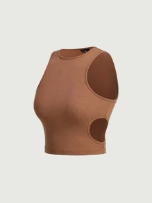 SHEIN MOD Solid Cut Out Ribbed Knit Tank Top - Rust Brown - View 2