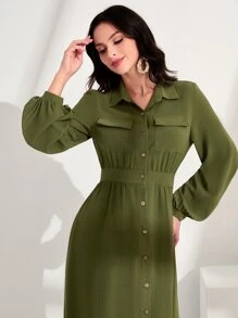 Mulvari Flap Detail Button Front Shirt Dress - Army Green - View 4