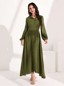 Mulvari Flap Detail Button Front Shirt Dress - Army Green - View 5
