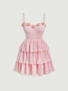 SHEIN MOD Appliques Layer Hem Cami Dress - Pink - View 1