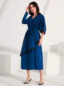 Al Najma Dolman Sleeve Ruffle Trim Belted Contrast Sequin Dress - Navy Blue - View 1