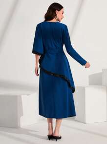 Al Najma Dolman Sleeve Ruffle Trim Belted Contrast Sequin Dress - Navy Blue - View 2