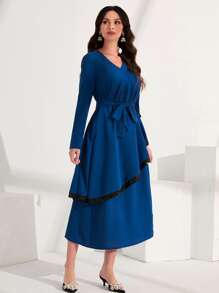 Al Najma Dolman Sleeve Ruffle Trim Belted Contrast Sequin Dress - Navy Blue - View 3