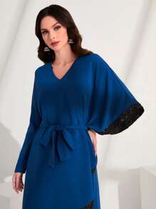 Al Najma Dolman Sleeve Ruffle Trim Belted Contrast Sequin Dress - Navy Blue - View 4