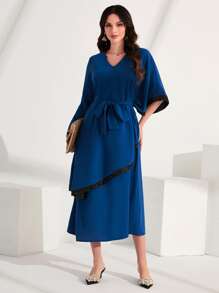 Al Najma Dolman Sleeve Ruffle Trim Belted Contrast Sequin Dress - Navy Blue - View 5