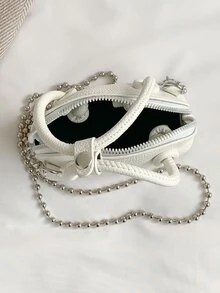 Bolso domo mini con estampado de letra de litchi en relieve con cadena - Blanco - Ver 7