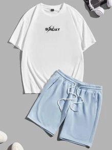 Manfinity VCAY 男性人物和標語圖形下墜肩超大運動t恤和束腰短褲 - 淺藍色 - 查看 2