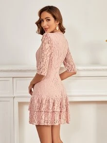 Vestido de manga farol bajo con fruncido con encaje - Rosa vieja - Ver 2