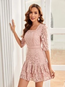 Vestido de manga farol bajo con fruncido con encaje - Rosa vieja - Ver 8