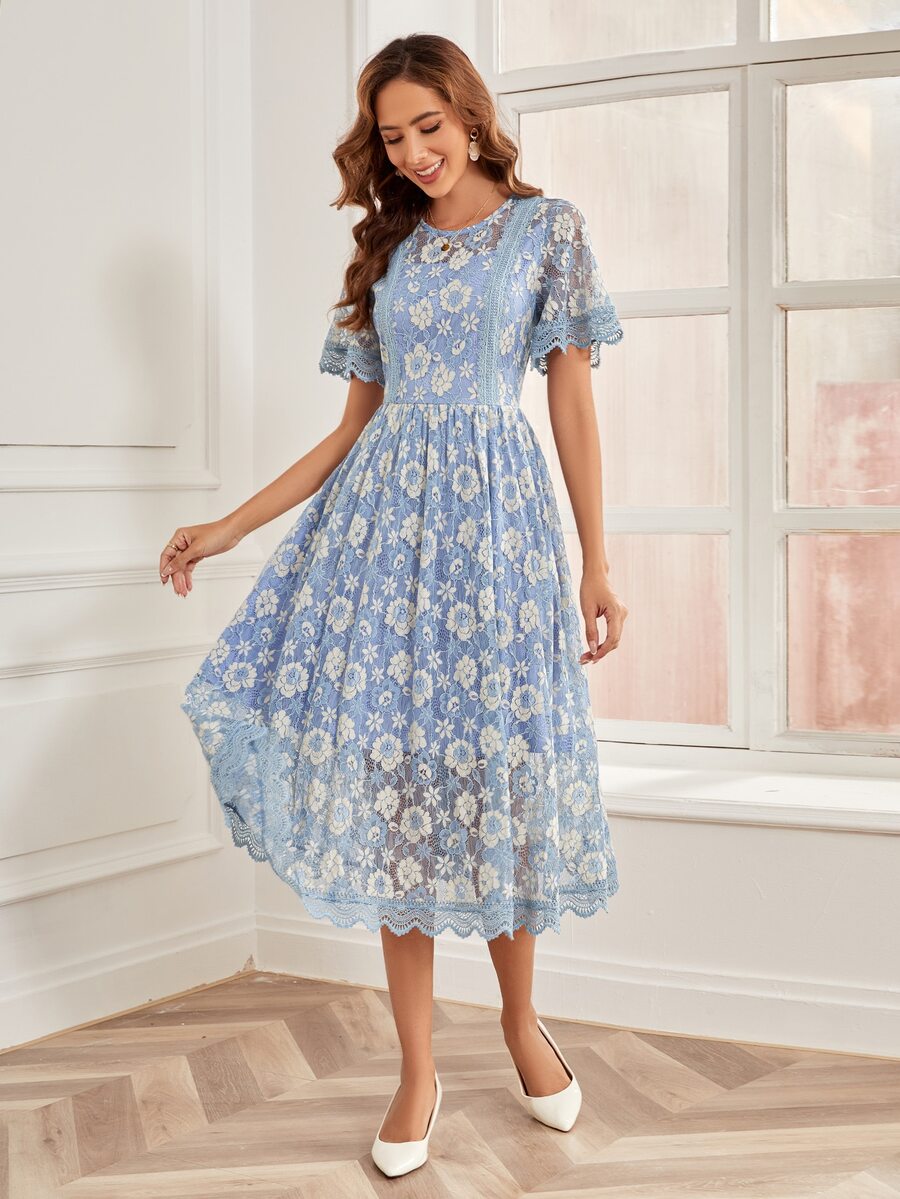 印花蝴蝶袖蕾絲連衣裙