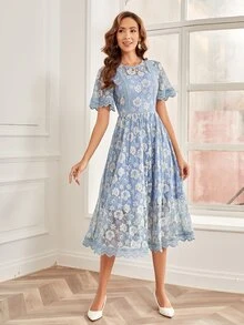 印花蝴蝶袖蕾絲連衣裙