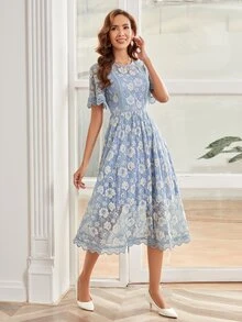 印花蝴蝶袖蕾絲連衣裙