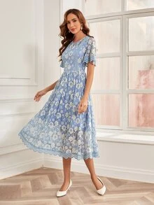 印花蝴蝶袖蕾絲連衣裙