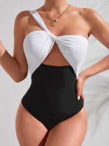 SHEIN Swim Two Tone Cut-out One Shoulder One Piece Swimsuit - Black and White - View 1