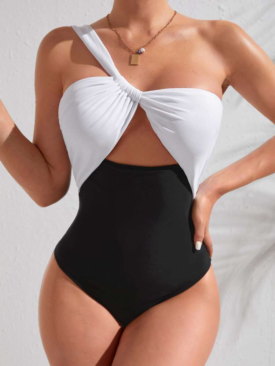 SHEIN Swim Two Tone Cut-out One Shoulder One Piece Swimsuit - Black and White - View 1
