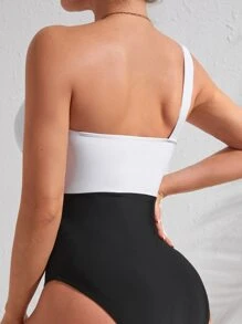 SHEIN Swim Two Tone Cut-out One Shoulder One Piece Swimsuit - Black and White - View 2