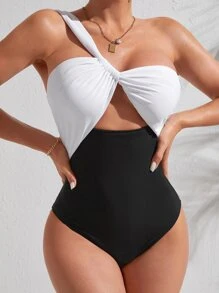 SHEIN Swim Two Tone Cut-out One Shoulder One Piece Swimsuit - Black and White - View 3