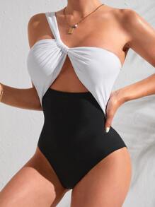 SHEIN Swim Two Tone Cut-out One Shoulder One Piece Swimsuit - Black and White - View 4