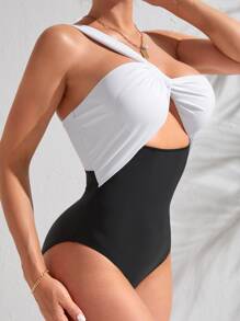 SHEIN Swim Two Tone Cut-out One Shoulder One Piece Swimsuit - Black and White - View 5